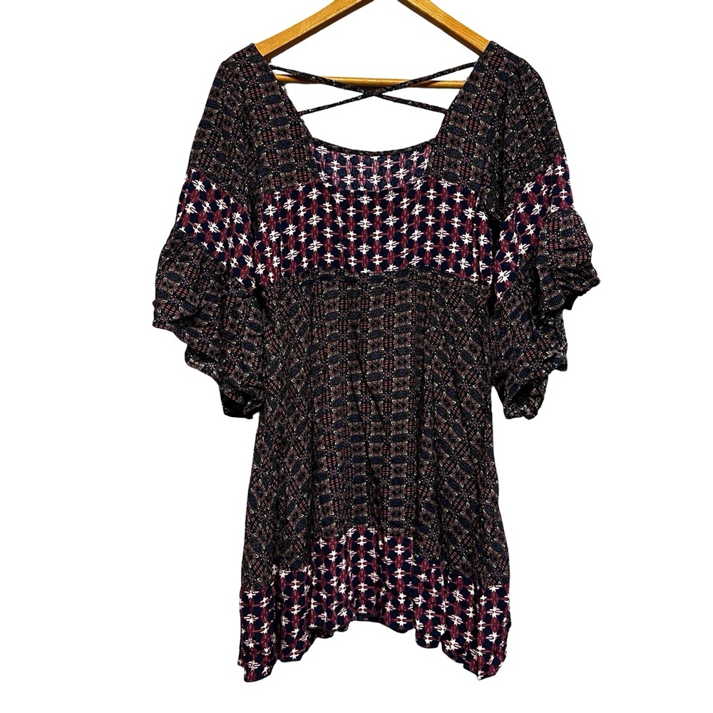 Umgee Boho Patchwork Mini Dress Ruffle Sleeve Pea… - image 4